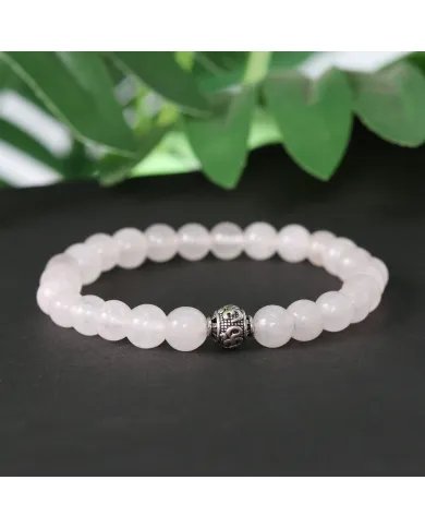 Beads Stretch Bracelet in Rose Quartz - 925 Silver Om Symbol Ball