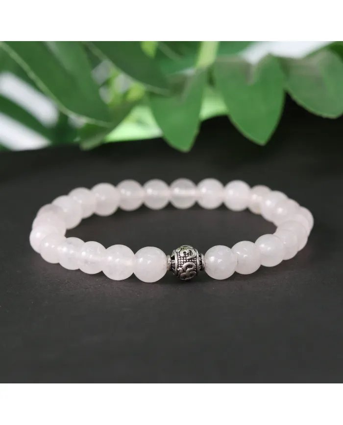 Beads Stretch Bracelet in Rose Quartz - 925 Silver Om Symbol Ball
