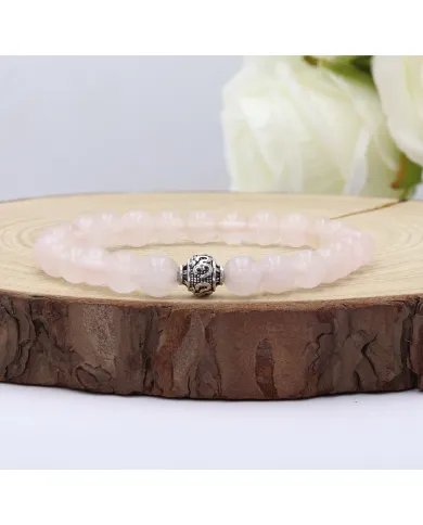 Beads Stretch Bracelet in Rose Quartz - 925 Silver Om Symbol Ball