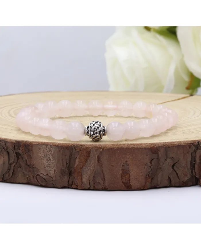 Beads Stretch Bracelet in Rose Quartz - 925 Silver Om Symbol Ball