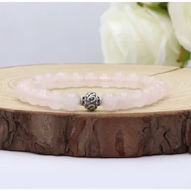 Beads Stretch Bracelet in Rose Quartz - 925 Silver Om Symbol Ball