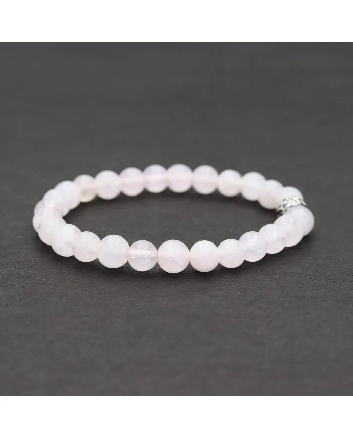 Beads Stretch Bracelet in Rose Quartz - 925 Silver Om Symbol Ball