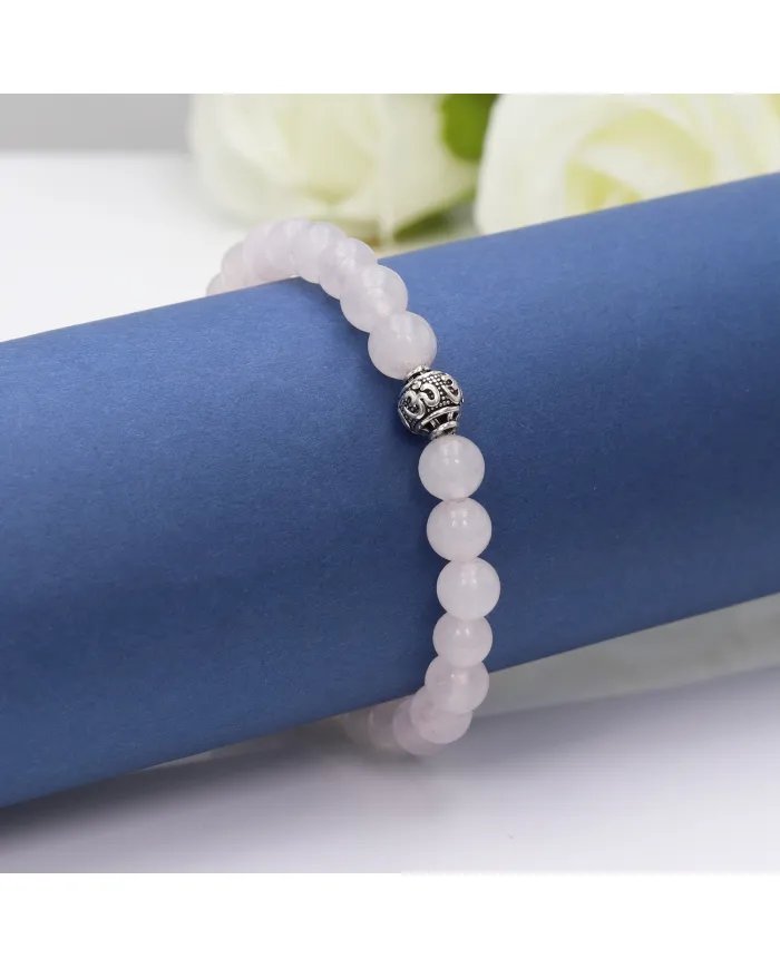 Beads Stretch Bracelet in Rose Quartz - 925 Silver Om Symbol Ball