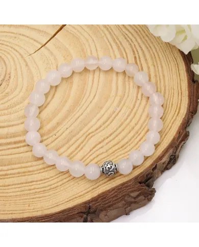 Beads Stretch Bracelet in Rose Quartz - 925 Silver Om Symbol Ball