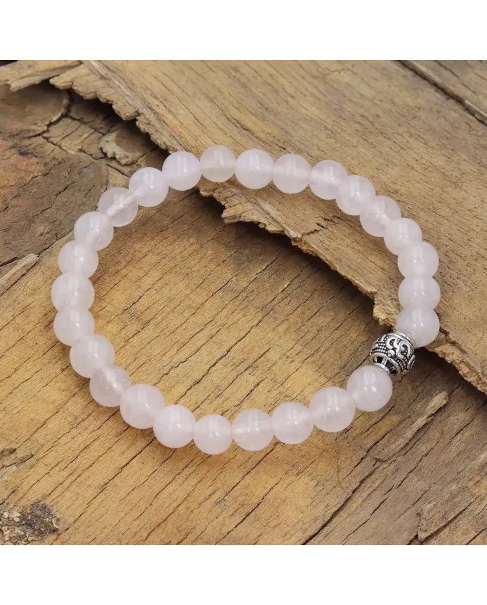 Beads Stretch Bracelet in Rose Quartz - 925 Silver Om Symbol Ball