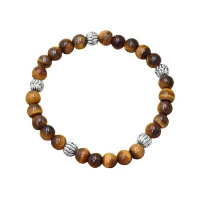 Beads Stretch Bracelet in Tiger Eye - 925 Sterling Silver Ball