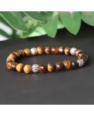 Beads Stretch Bracelet in Tiger Eye - 925 Sterling Silver Ball