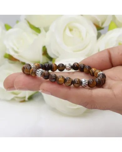 Beads Stretch Bracelet in Tiger Eye - 925 Sterling Silver Ball