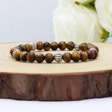 Beads Stretch Bracelet in Tiger Eye - 925 Sterling Silver Ball