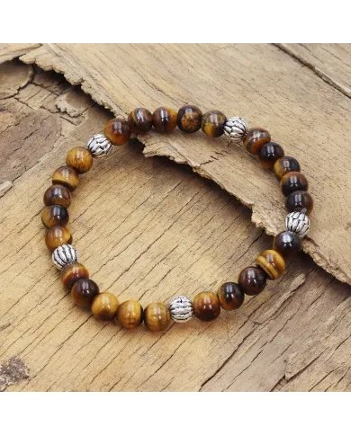 Beads Stretch Bracelet in Tiger Eye - 925 Sterling Silver Ball