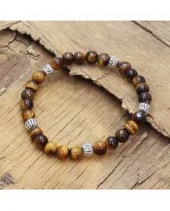Beads Stretch Bracelet in Tiger Eye - 925 Sterling Silver Ball