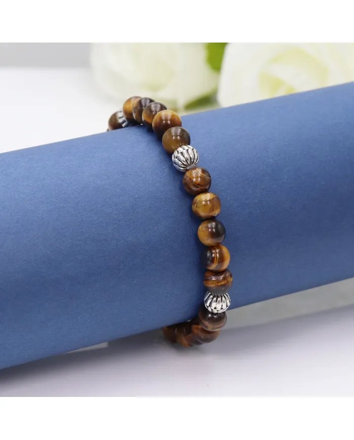 Beads Stretch Bracelet in Tiger Eye - 925 Sterling Silver Ball