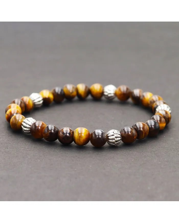 Beads Stretch Bracelet in Tiger Eye - 925 Sterling Silver Ball