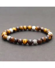 Beads Stretch Bracelet in Tiger Eye - 925 Sterling Silver Ball