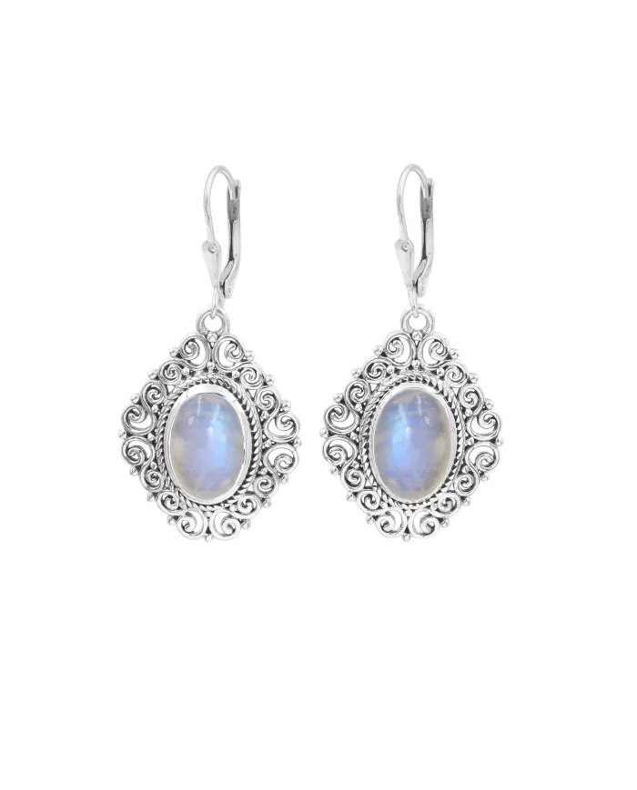 Rainbow Moonstone Filigree Earrings – 925 Sterling Silver Dainty Design