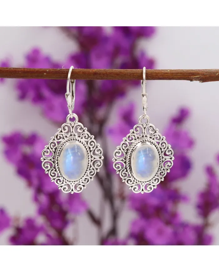925 Sterling Silver Moonstone Filigree Dangle Earrings Gemstone Jewelry
