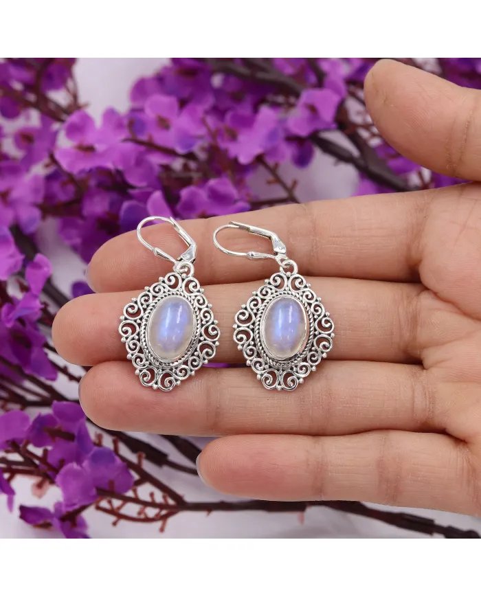 Rainbow Moonstone Filigree Earrings – 925 Sterling Silver Dainty Design