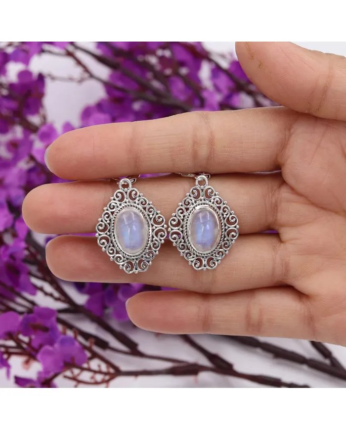 Rainbow Moonstone Filigree Earrings – 925 Sterling Silver Dainty Design