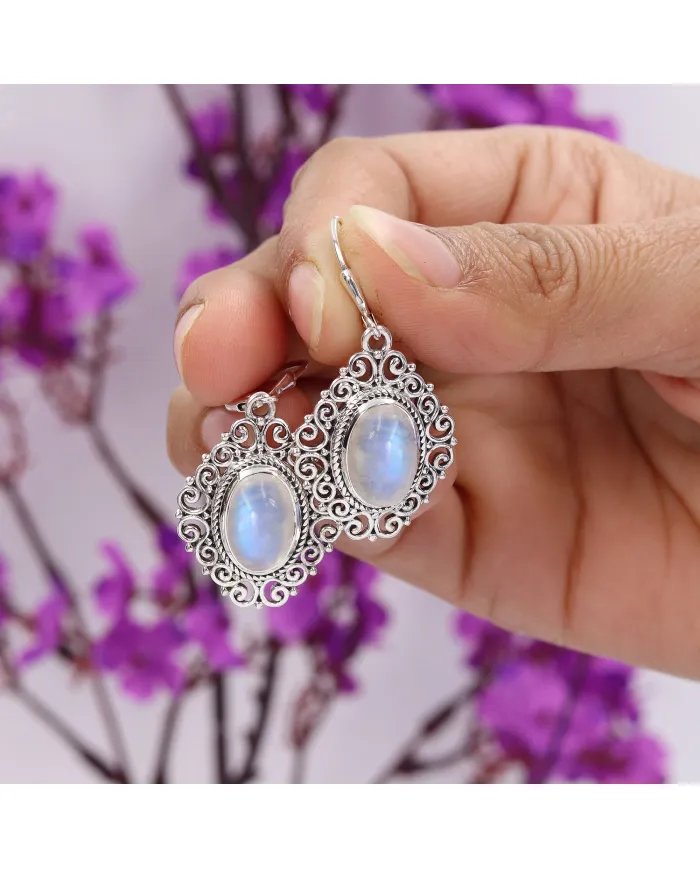 Rainbow Moonstone Filigree Earrings – 925 Sterling Silver Dainty Design
