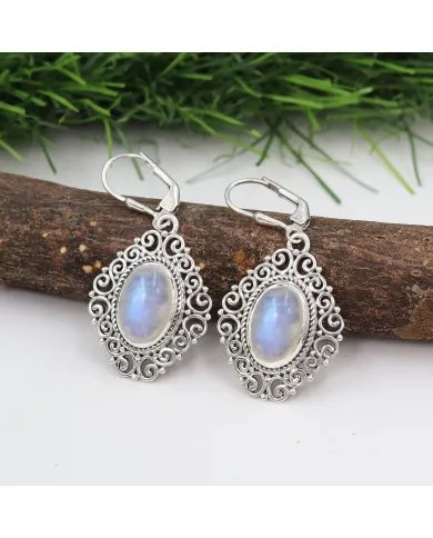 Rainbow Moonstone Filigree Earrings – 925 Sterling Silver Dainty Design