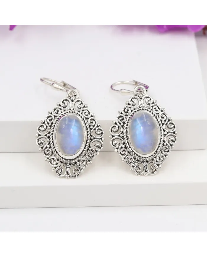 925 Sterling Silver Moonstone Filigree Dangle Earrings Gemstone Jewelry
