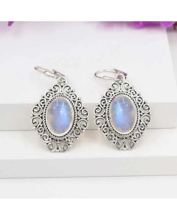 Rainbow Moonstone Filigree Earrings – 925 Sterling Silver Dainty Design