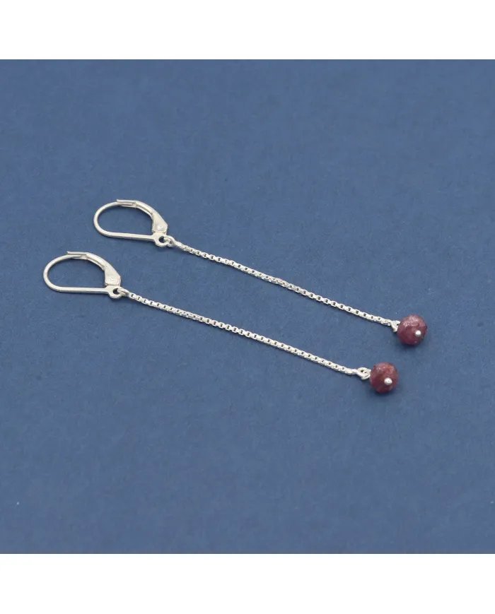 Ruby Chain Drop Earrings - Handmade 925 Sterling Silver Gemstone Jewelry