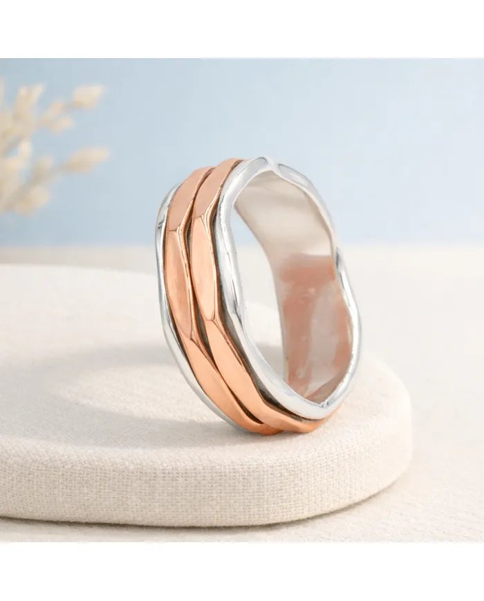 Copper Band Spinner Ring – 925 Sterling Silver Fidget Two Tone Jewelry