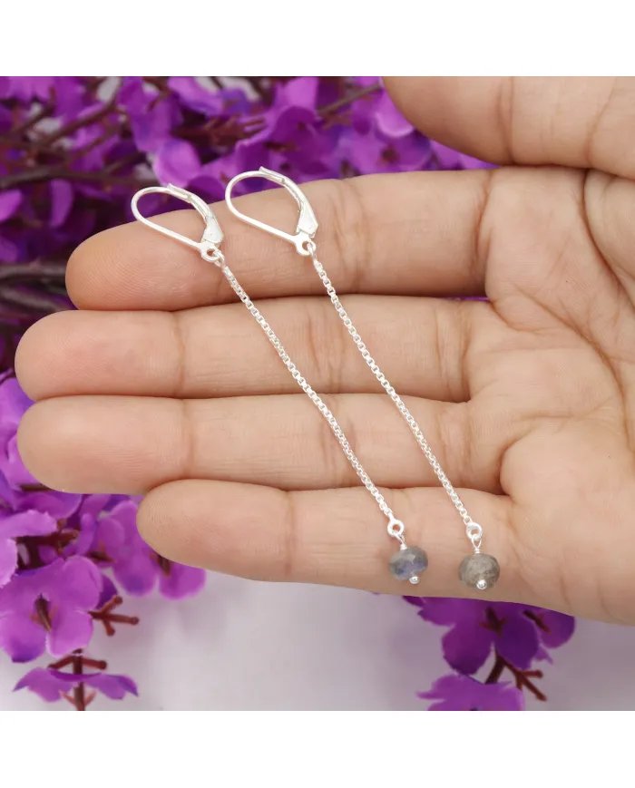 Labradorite Chain Drop Earrings - Handmade 925 Sterling Silver Jewelry
