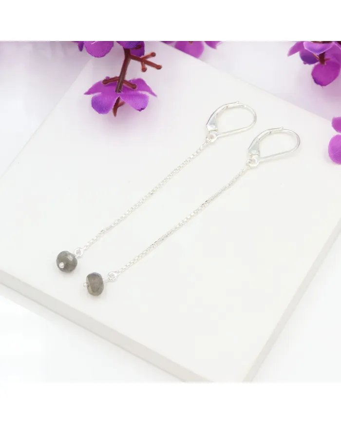 Labradorite Chain Drop Earrings - Handmade 925 Sterling Silver Jewelry