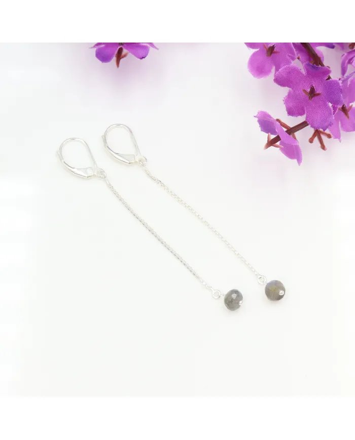 Labradorite Chain Drop Earrings - Handmade 925 Sterling Silver Jewelry