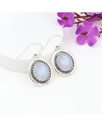Rainbow Moonstone Oval Shape Earrings - Handmade 925 Sterling Silver