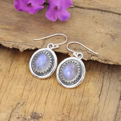 Rainbow Moonstone Oval Shape Earrings - Handmade 925 Sterling Silver