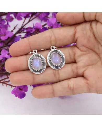 Rainbow Moonstone Oval Shape Earrings - Handmade 925 Sterling Silver