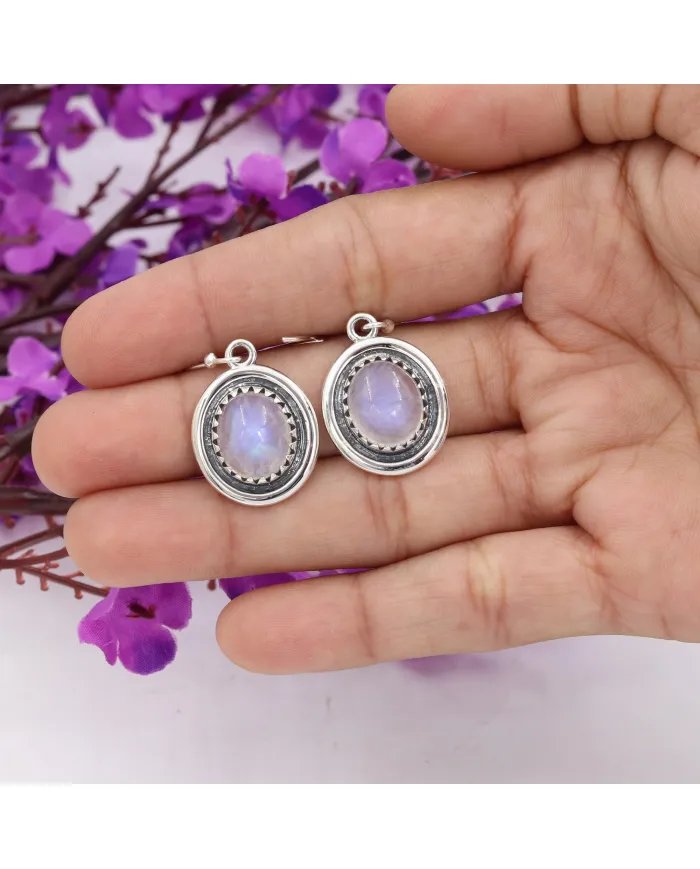 Rainbow Moonstone Oval Shape Earrings - Handmade 925 Sterling Silver