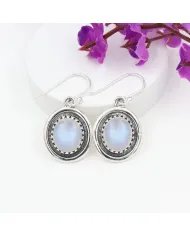 Rainbow Moonstone Oval Shape Earrings - Handmade 925 Sterling Silver
