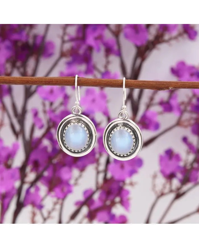 Rainbow Moonstone Oval Shape Earrings - Handmade 925 Sterling Silver