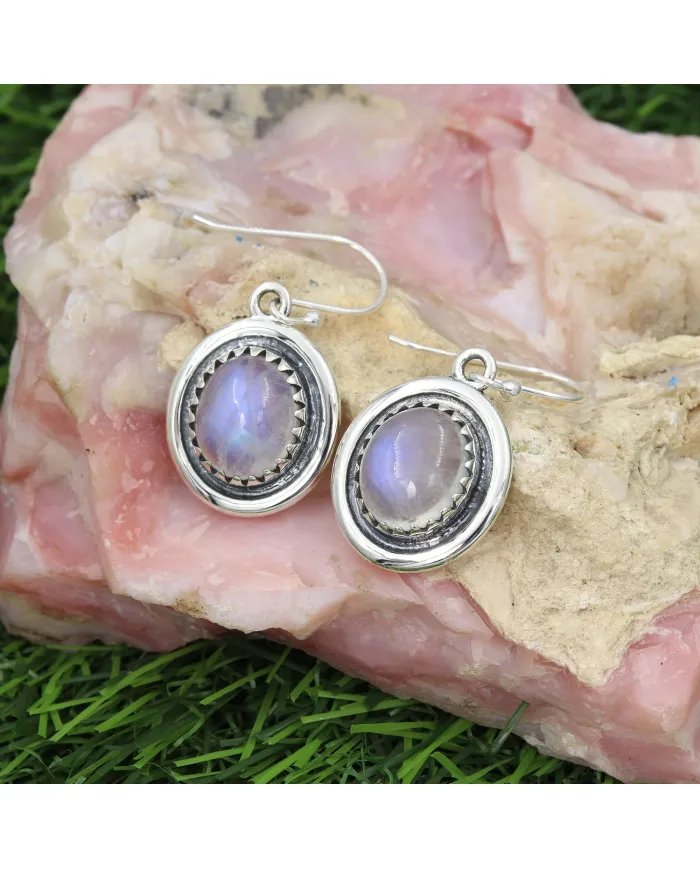 Rainbow Moonstone Oval Shape Earrings - Handmade 925 Sterling Silver