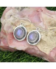 Rainbow Moonstone Oval Shape Earrings - Handmade 925 Sterling Silver