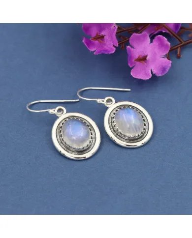 Rainbow Moonstone Oval Shape Earrings - Handmade 925 Sterling Silver
