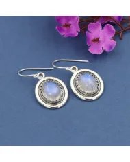 Rainbow Moonstone Oval Shape Earrings - Handmade 925 Sterling Silver