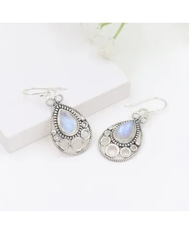 Dainty Rainbow Moonstone Earrings - 925 Sterling Silver Handmade Vintage