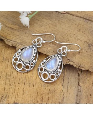 Dainty Rainbow Moonstone Earrings - 925 Sterling Silver Handmade Vintage