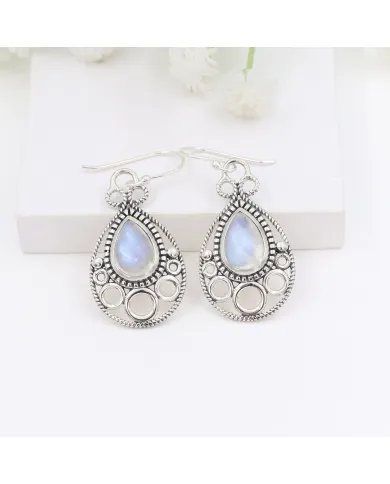 Dainty Rainbow Moonstone Earrings - 925 Sterling Silver Handmade Vintage
