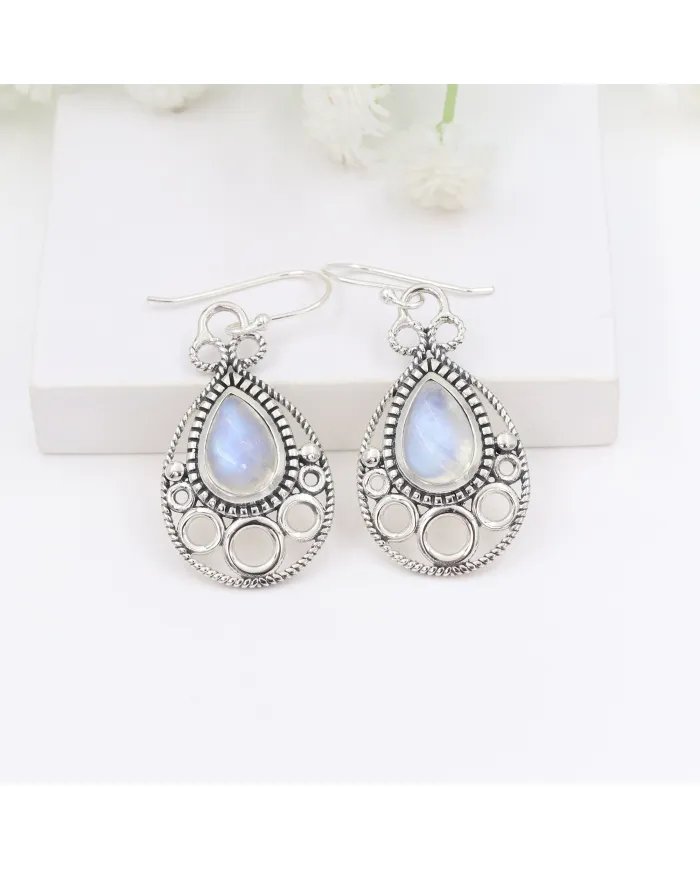Dainty Rainbow Moonstone Earrings - 925 Sterling Silver Handmade Vintage