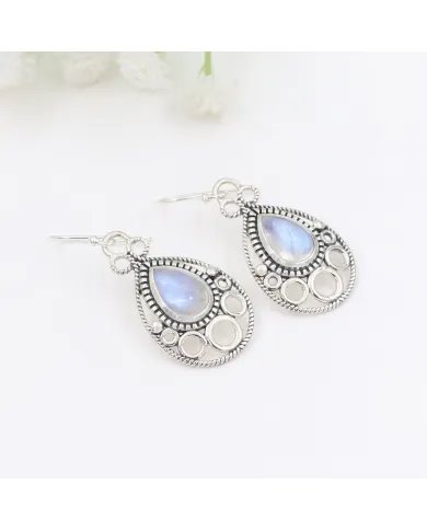 Dainty Rainbow Moonstone Earrings - 925 Sterling Silver Handmade Vintage