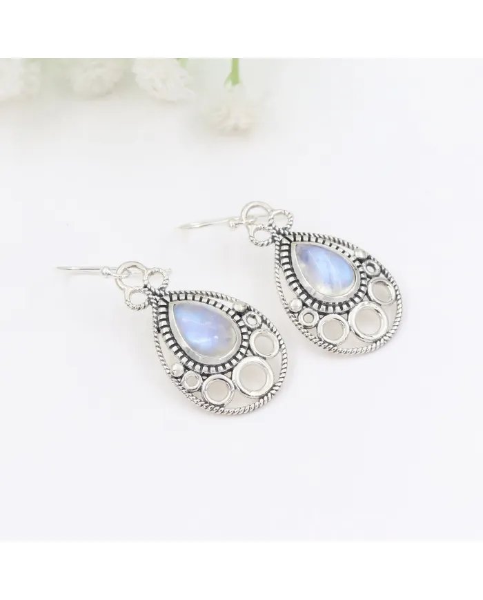 Dainty Rainbow Moonstone Earrings - 925 Sterling Silver Handmade Vintage
