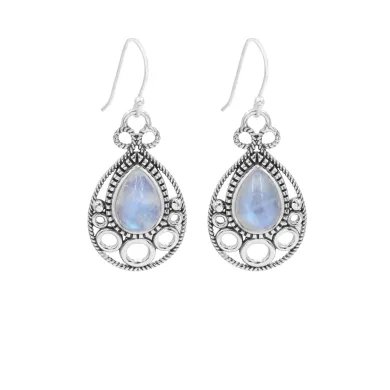 Dainty Rainbow Moonstone Earrings - 925 Sterling Silver Handmade Vintage