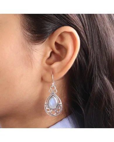 Dainty Rainbow Moonstone Earrings - 925 Sterling Silver Handmade Vintage