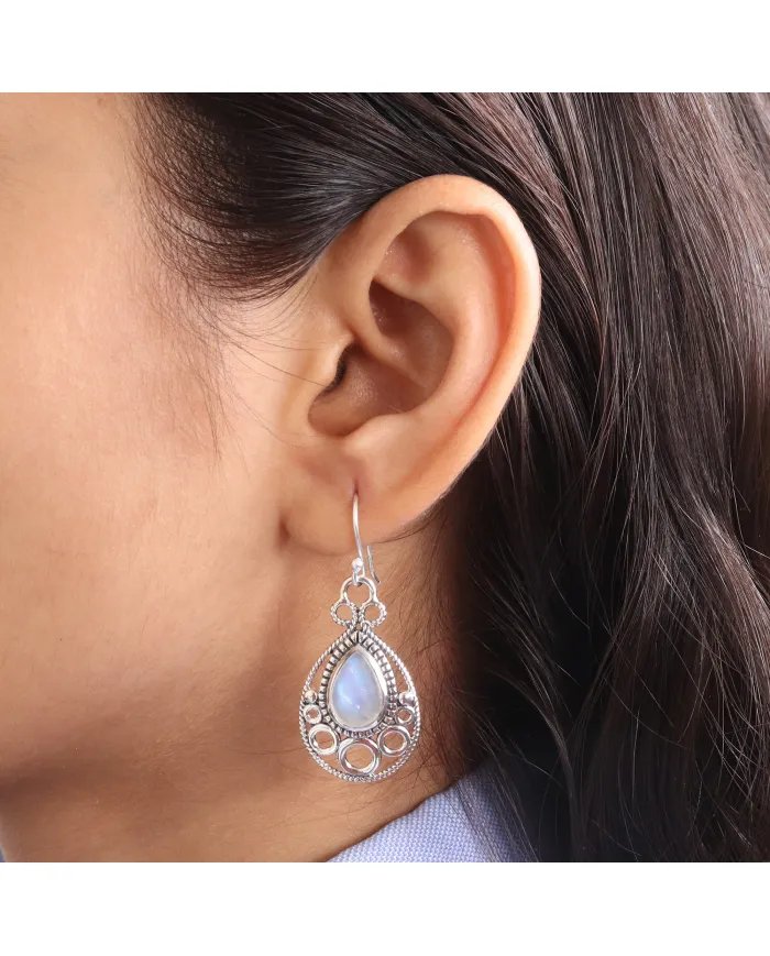 Dainty Rainbow Moonstone Earrings - 925 Sterling Silver Handmade Vintage